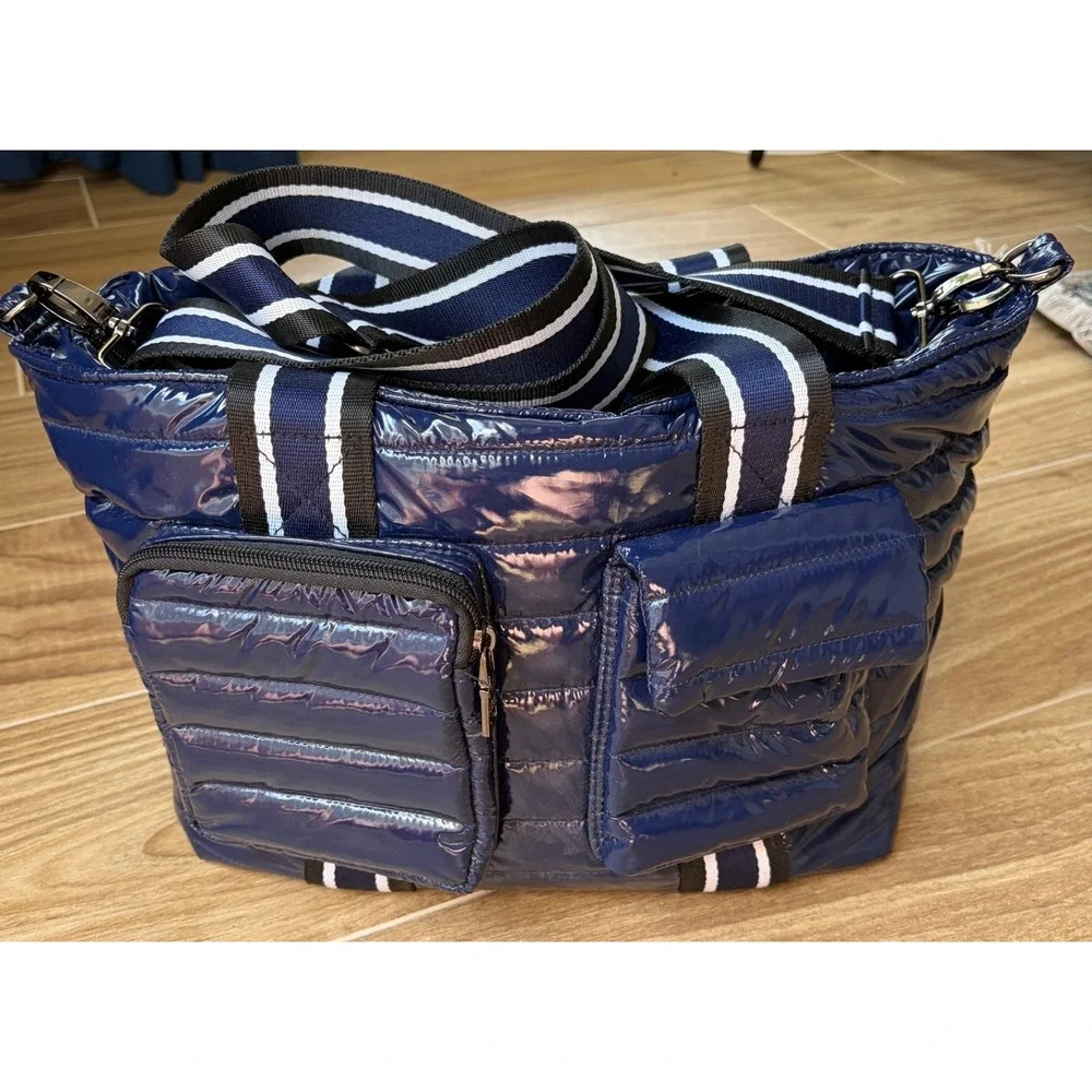 Think Royln Junior Wingman Puffer Tote Bag Navy Blue Patent Quilted Crossbody